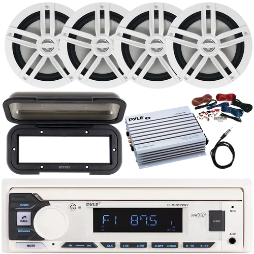 Pyle PLMRB29W2 Single DIN Marine Bluetooth USB/AUX MP3 Player AM/FM Radio In-Dash Stereo White Receiver w/Black Cover, 4x 6.5" 180W Max Power 2-Way Boat Speakers, 4 Channel Amplifier w/Kit, Antenna