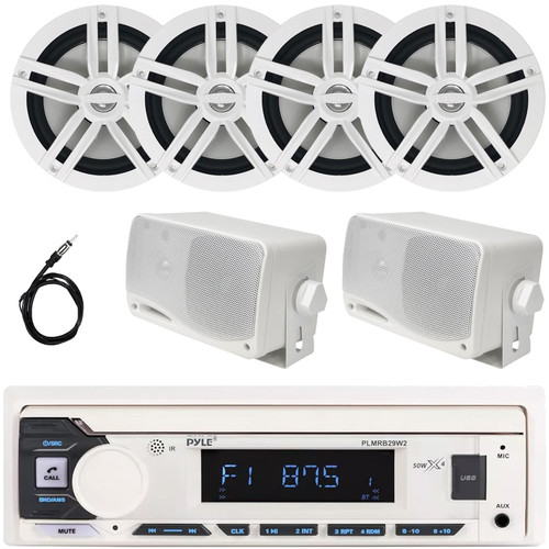 Pyle PLMRB29W2 Single DIN Marine Bluetooth USB/AUX MP3 Player AM/FM Radio In-Dash Stereo White Receiver, 2x 6.5" 180W Max Power 2-Way White Speakers, 2x 3.5'' 200W Max 3-Way Mini Box Speakers, Antenna