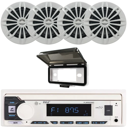 Pyle PLMRB29W2 Single DIN Marine Bluetooth USB/AUX MP3 Player AM/FM Radio In-Dash Stereo White Receiver w/White Cover, 4x Enrock EM270W 6.5" 180 Watt Max Power 2-Way White Boat Speakers