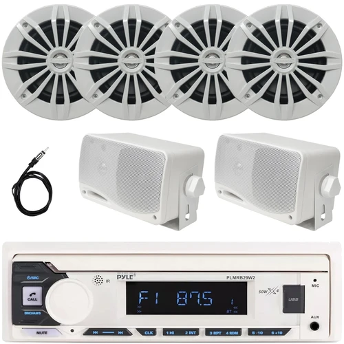 Pyle PLMRB29W2 Single DIN Marine Bluetooth USB/AUX MP3 Player AM/FM Radio In-Dash Stereo White Receiver, 2x 6.5" 180W Max 2-Way White Boat Speakers, 2x 3.5'' 200W Max 3-Way Mini Box Speakers, Antenna