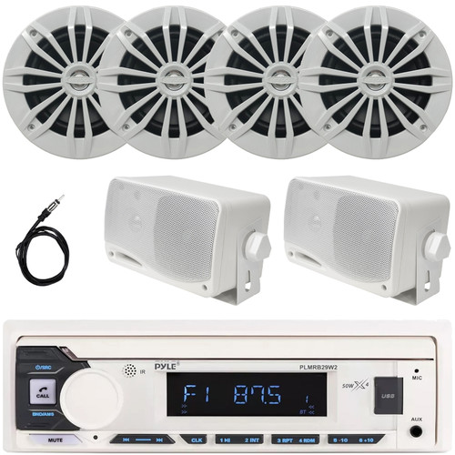 Pyle PLMRB29W2 Single DIN Marine Bluetooth USB/AUX MP3 Player AM/FM Radio In-Dash Stereo White Receiver, 4x 6.5" 180W Max 2-Way White Boat Speakers, 2x 3.5'' 200W Max 3-Way Mini Box Speakers, Antenna