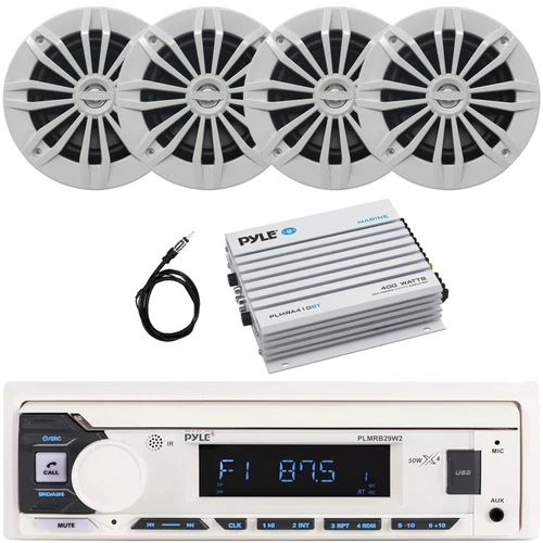 Pyle PLMRB29W2 Single DIN Marine Bluetooth USB/AUX MP3 Player AM/FM Radio In-Dash Stereo White Receiver, 4x 6.5" 180 Watt Max Power 2-Way White Boat Speakers, 4 Channel Bluetooth Amplifier, Antenna