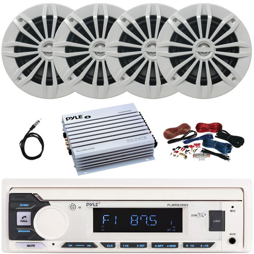 Pyle PLMRB29W2 Single DIN Marine Bluetooth USB/AUX MP3 Player AM/FM Radio In-Dash Stereo White Receiver, 4x Enrock 6.5" 180 Watt Max Power 2-Way White Boat Speakers, 4 Channel Amplifier w/Kit, Antenna