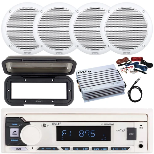 Pyle PLMRB29W2 Single DIN Marine Bluetooth USB/AUX MP3 Player AM/FM Radio In-Dash Stereo White Receiver w/Black Cover, 4x 6.5" 90 Watt Max 2-Way Full Range Speakers, 4 Channel Amplifier w/Kit, Antenna