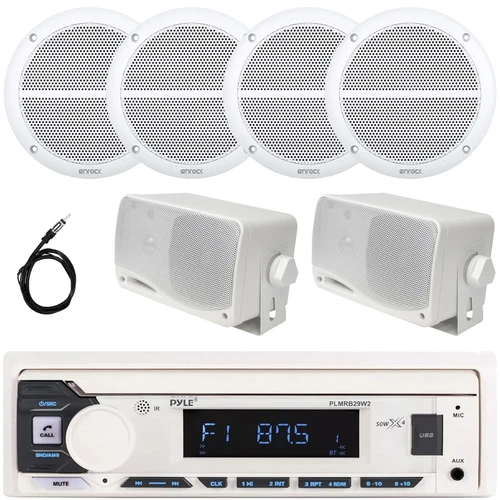 Pyle PLMRB29W2 Single DIN Marine Bluetooth USB/AUX MP3 Player AM/FM Radio In-Dash Stereo White Receiver, 2x 6.5" 90W Max 2-Way Full Range Speakers, 2x 3.5'' 200W Max 3-Way Mini Box Speakers, Antenna