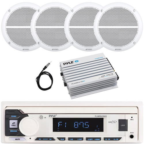 Pyle PLMRB29W2 Single DIN Marine Bluetooth USB/AUX MP3 Player AM/FM Radio In-Dash Stereo White Receiver, 4x 6.5" 90 Watt Max Power 2-Way Full Range Speakers, 4 Channel Bluetooth Amplifier, Antenna