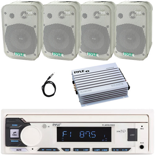 Pyle PLMRB29W2 Single DIN Marine Bluetooth USB/AUX MP3 Player AM/FM Radio In-Dash Stereo White Receiver, 4x 5.25" 400W Max Power Indoor/Outdoor White Waterproof Speakers, 4 Channel Amplifier, Antenna