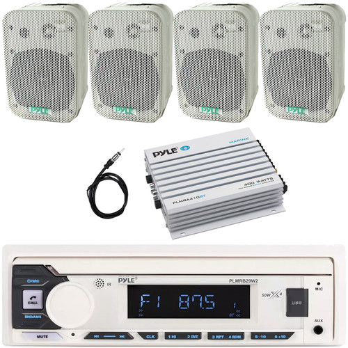 Pyle PLMRB29W2 Single DIN Marine Bluetooth USB/AUX MP3 Player AM/FM Radio In-Dash Stereo White Receiver, 4x 5.25" 400W Max Indoor/Outdoor Waterproof Speakers, 4 Channel Bluetooth Amplifier, Antenna