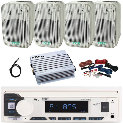 Pyle PLMRB29W2 Single DIN Marine Bluetooth USB/AUX MP3 Player AM/FM Radio In-Dash Stereo White Receiver, 4x 5.25" 400 Watt Max Power Indoor/Outdoor White Waterproof Speakers, Amplifier w/Kit, Antenna