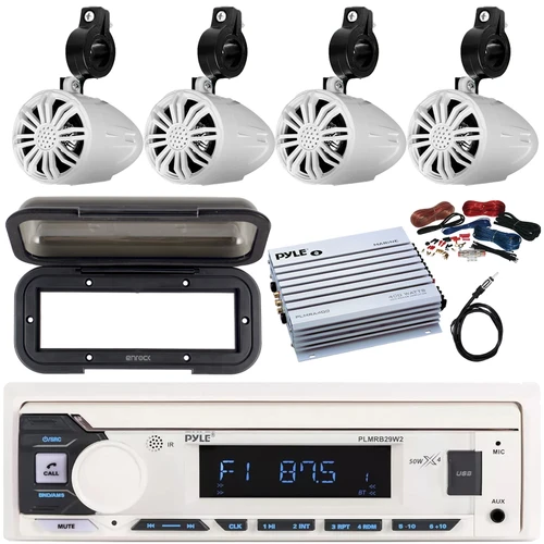 Pyle PLMRB29W2 Single DIN Marine Bluetooth USB/AUX MP3 Player AM/FM Radio In-Dash Stereo White Receiver w/Black Cover, 4x 2.25’' 10W Max Power Off-Road Speakers, 4 Channel Amplifier w/Kit, Antenna