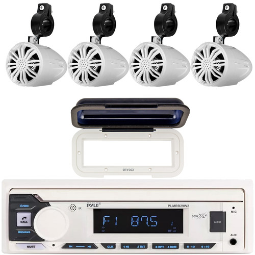 Pyle PLMRB29W2 Single DIN Marine Bluetooth USB/AUX MP3 Player AM/FM Radio In-Dash Stereo White Receiver w/White Radio Shield Cover, 4x 2.25’' 10W Max Waterproof Full Range Off-Road White Boat Speakers