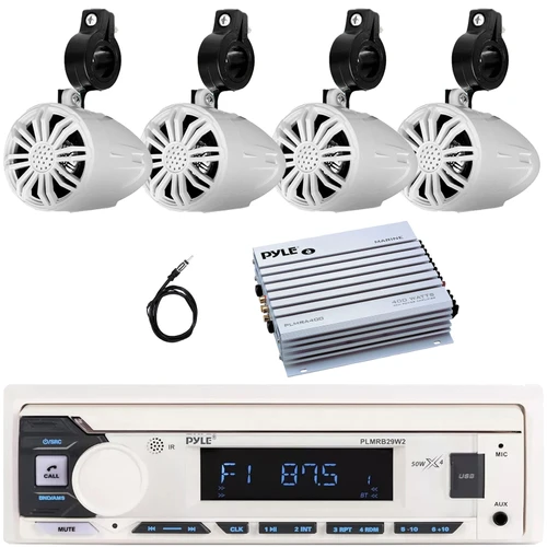 Pyle PLMRB29W2 Single DIN Marine Bluetooth USB/AUX MP3 Player AM/FM Radio In-Dash Stereo White Receiver, 4x 2.25’' 10W Max Power Waterproof Full Range Off-Road Speakers, 4 Channel Amplifier, Antenna