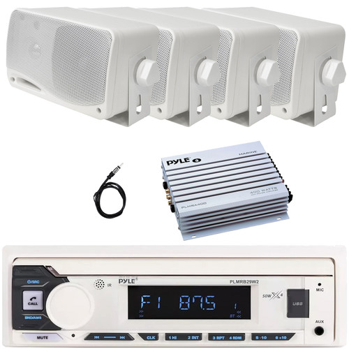 Pyle PLMRB29W2 Single DIN Marine Bluetooth USB/AUX MP3 Player AM/FM Radio In-Dash Stereo White Receiver, 4x 3.5'' 200 Watt Max 3-Way Weather Proof White Mini Box Speakers, 4 Channel Amplifier, Antenna