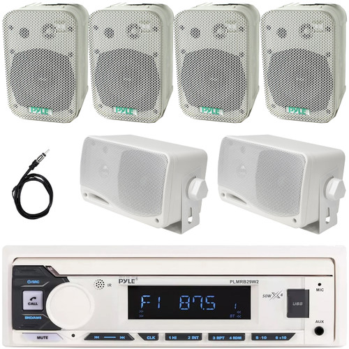 Pyle PLMRB29W2 Single DIN Marine Bluetooth USB/AUX MP3 Player AM/FM Radio In-Dash Stereo White Receiver, 2x 5.25'' 100W Max 2-Way White Speakers, 2x 3.5'' 200W Max 3-Way Mini Box Speakers, Antenna