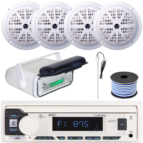 Pyle PLMRB29W2 Single DIN Marine Bluetooth USB/AUX MP3 Player AM/FM Radio In-Dash Stereo White Receiver w/White Cover, 4x 5.25'' 100W Max Power 2 Way White Boat Speakers, Radio Antenna, Speaker Wire