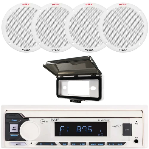 Pyle PLMRB29W2 Single DIN Marine Bluetooth USB/AUX MP3 Player AM/FM Radio In-Dash Stereo White Receiver w/White Cover, 4x Pyle PLMR605W 6.5'' 400 Watt Max Power Dual Cone White Boat Speakers