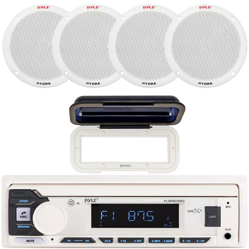 Pyle PLMRB29W2 Single DIN Marine Bluetooth USB/AUX MP3 Player AM/FM Radio In-Dash Stereo White Receiver w/White Radio Shield Cover, 4x 6.5'' 400 Watt Max Power Dual Cone White Boat Speakers