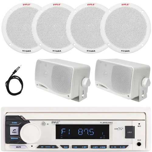Pyle PLMRB29W2 Single DIN Marine Bluetooth USB/AUX MP3 Player AM/FM Radio In-Dash Stereo White Receiver, 2x 6.5'' 400W Max Dual Cone Boat Speakers, 2x 3.5'' 200W Max 3-Way Mini Box Speakers, Antenna