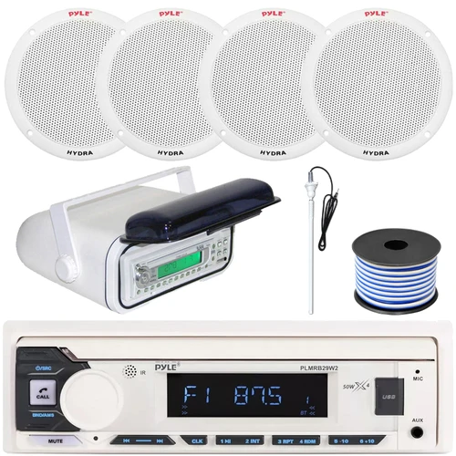 Pyle PLMRB29W2 Single DIN Marine Bluetooth USB/AUX MP3 Player AM/FM Radio In-Dash Stereo White Receiver w/White Cover, 4x 6.5'' 400 Watt Max Dual Cone White Boat Speakers, Radio Antenna, Speaker Wire