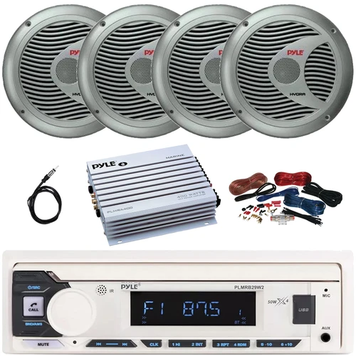 Pyle PLMRB29W2 Single DIN Marine Bluetooth USB/AUX MP3 Player AM/FM Radio In-Dash Stereo White Receiver, 4x 6.5'' 150 Watt Max Power 2-Way Silver Boat Speakers, 4 Channel Amplifier w/Kit, Antenna