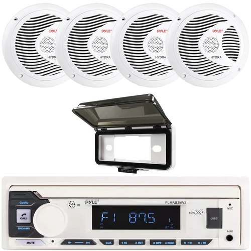 Pyle PLMRB29W2 Single DIN Marine Bluetooth USB/AUX MP3 Player AM/FM Radio In-Dash Stereo White Receiver w/White Cover, 4x 6.5" 150W Max Power Full Range Dual Cone Waterproof White Boat Stereo Speakers