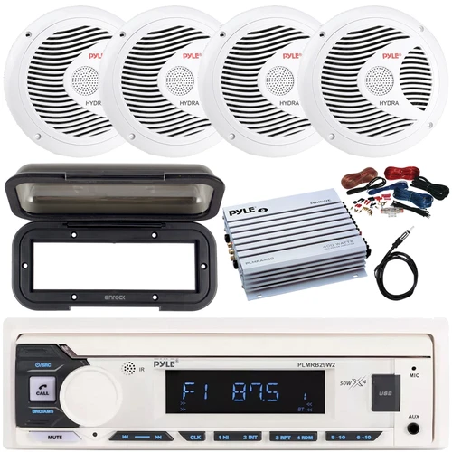 Pyle PLMRB29W2 Single DIN Marine Bluetooth USB/AUX MP3 Player AM/FM Radio In-Dash Stereo White Receiver w/Black Cover, 4x 6.5" 150W Max Power Dual Cone Speakers, 4 Channel Amplifier w/Kit, Antenna