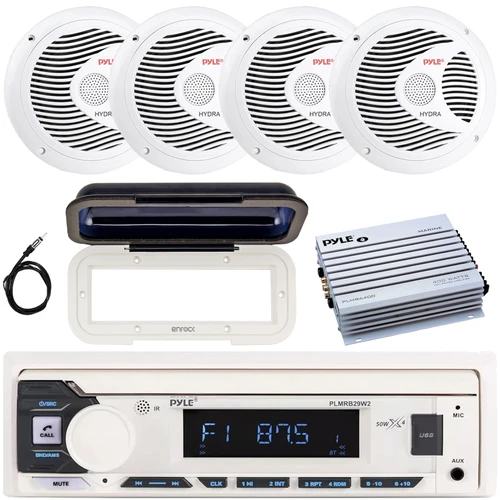 Pyle PLMRB29W2 Single DIN Marine Bluetooth USB/AUX MP3 Player AM/FM Radio In-Dash Stereo White Receiver w/White Cover, 4x 6.5" 150 Watt Max Full Range Dual Cone Speakers, 4 Channel Amplifier, Antenna