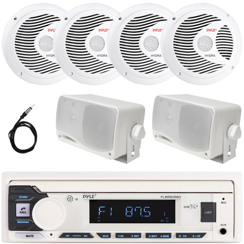 Pyle PLMRB29W2 Single DIN Marine Bluetooth USB/AUX MP3 Player AM/FM Radio In-Dash Stereo White Receiver, 4x 6.5" 150W Max Dual Cone White Speakers, 2x 3.5'' 200W Max 3-Way Mini Box Speakers, Antenna