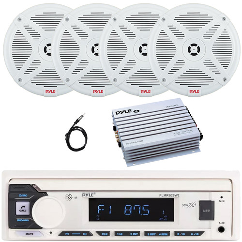 Pyle PLMRB29W2 Single DIN Marine Bluetooth USB/AUX MP3 Player AM/FM Radio Stereo Receiver, 4x 6.5" 600W Max Waterproof 2-Way Low Profile Boat White Speakers, 4 Channel Amplifier, 22" Radio Antenna