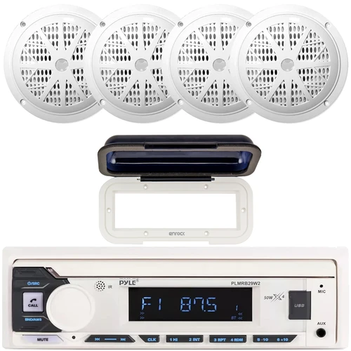 Pyle PLMRB29W2 Single DIN Marine Bluetooth USB/AUX MP3 Player AM/FM Radio In-Dash Stereo White Receiver w/White Radio Shield Cover, 4x 6.5'' 120 Watt Max Power Dual Cone Boat Audio White Speakers