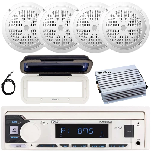 Pyle PLMRB29W2 Single DIN Marine Bluetooth USB/AUX MP3 Player AM/FM Radio In-Dash Stereo White Receiver w/White Cover, 4x 6.5'' 120 Watt Max Dual Cone White Boat Speakers, 4 Channel Amplifier, Antenna