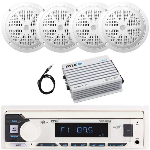 Pyle PLMRB29W2 Single DIN Marine Bluetooth USB/AUX MP3 Player AM/FM Radio In-Dash Stereo White Receiver, 4x 6.5'' 120W Max Power Dual Cone Boat White Speakers, 4 Channel Bluetooth Amplifier, Antenna