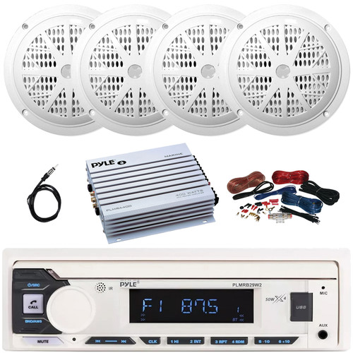 Pyle PLMRB29W2 Single DIN Marine Bluetooth USB/AUX MP3 Player AM/FM Radio In-Dash Stereo White Receiver, 4x 6.5'' 120 Watt Max Power Dual Cone White Boat Speakers, 4 Channel Amplifier w/Kit, Antenna