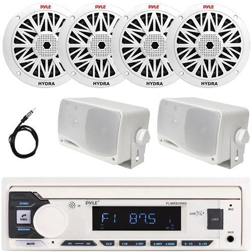 Pyle PLMRB29W2 Single DIN Marine Bluetooth USB/AUX MP3 Player AM/FM Radio In-Dash Stereo White Receiver, 2x 6.5'' 200W Max 2-Way Full Range Speakers, 2x 3.5'' 200W Max 3-Way Mini Box Speakers, Antenna