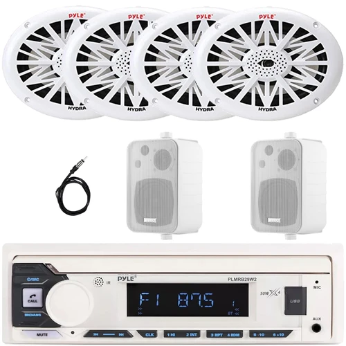 Pyle PLMRB29W2 Single DIN Marine Bluetooth USB/AUX MP3 Player AM/FM Radio In-Dash Stereo White Receiver, 4x 6x9" 260W Max Full Range Speakers, 2x 4" 30W Max 3-Way Indoor/Outdoor Speakers, Antenna