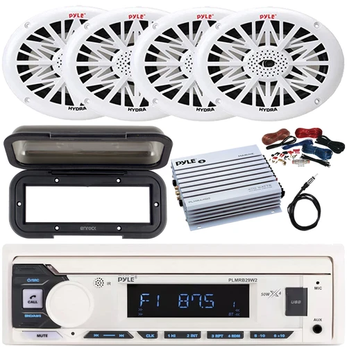 Pyle PLMRB29W2 Single DIN Marine Bluetooth USB/AUX MP3 Player AM/FM Radio In-Dash Stereo White Receiver w/Black Cover, 4x 6x9" 260W Max 2-Way Full Range Speakers, 4 Channel Amplifier w/Kit, Antenna