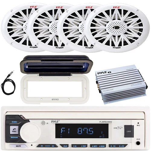 Pyle PLMRB29W2 Single DIN Marine Bluetooth USB/AUX MP3 Player AM/FM Radio In-Dash Stereo White Receiver w/White Cover, 4x 6x9" 260W Max 2-Way Full Range Boat Speakers, 4 Channel Amplifier, Antenna