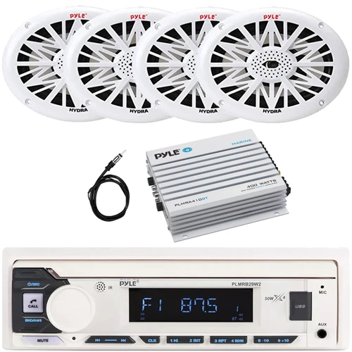 Pyle PLMRB29W2 Single DIN Marine Bluetooth USB/AUX MP3 Player AM/FM Radio In-Dash Stereo White Receiver, 4x 6x9" 260W Max 2-Way Full Range White Boat Speakers, 4 Channel Bluetooth Amplifier, Antenna