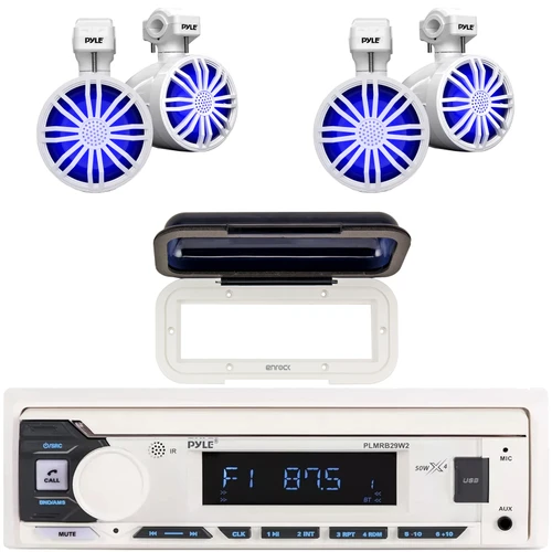 Pyle PLMRB29W2 Single DIN Marine Bluetooth USB/AUX MP3 Player AM/FM Radio In-Dash Stereo White Receiver w/White Radio Shield Cover, 4x 3.5’’ 20W Max Waterproof Full Range Off-Road RGB LED Speakers