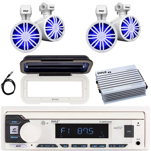 Pyle PLMRB29W2 Single DIN Marine Bluetooth USB/AUX MP3 Player AM/FM Radio In-Dash Stereo White Receiver w/White Cover, 4x 3.5’’ 20W Max Power Off-Road RGB LED Speakers, 4 Channel Amplifier, Antenna