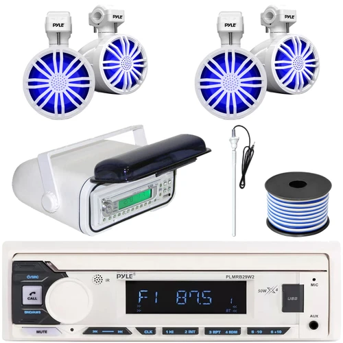 Pyle PLMRB29W2 Single DIN Marine Bluetooth USB/AUX MP3 Player AM/FM Radio In-Dash Stereo White Receiver w/White Cover, 4x 3.5’’ 20 Watt Max Power Off-Road RGB LED Speakers, Radio Antenna, Speaker Wire