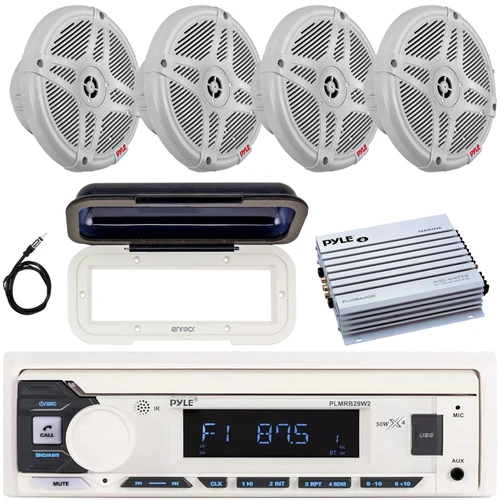 Pyle PLMRB29W2 Single DIN Marine Bluetooth USB/AUX MP3 Player AM/FM Radio In-Dash Stereo White Receiver w/White Cover, 4x 6.5" 600W Max RF Streaming Component Speakers, 4 Channel Amplifier, Antenna