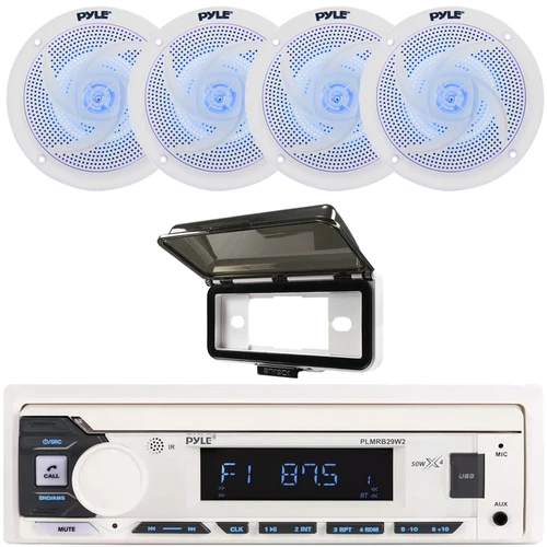 Pyle PLMRB29W2 Single DIN Marine Bluetooth USB/AUX MP3 Player AM/FM Radio In-Dash Stereo White Receiver w/White Cover, 4x 4" 100 Watt Max Power Low Profile 2-Way Blue LED Boat Audio White Speakers