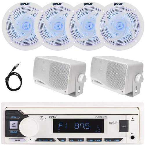 Pyle PLMRB29W2 Single DIN Marine Bluetooth USB/AUX MP3 Player AM/FM Radio In-Dash Stereo White Receiver, 2x 4" 100W Max 2-Way Blue LED Boat Speakers, 2x 3.5'' 200W Max 3-Way Mini Box Speakers, Antenna
