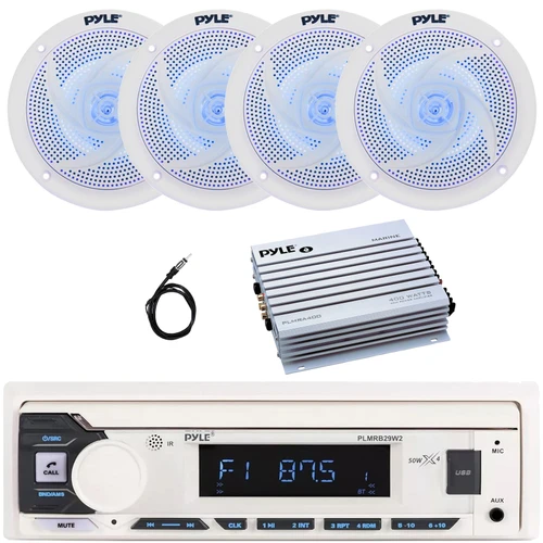 Pyle PLMRB29W2 Single DIN Marine Bluetooth USB/AUX MP3 Player AM/FM Radio In-Dash Stereo White Receiver, 4x 4" 100 Watt Max Low Profile 2-Way Blue LED Boat White Speakers, 4 Channel Amplifier, Antenna
