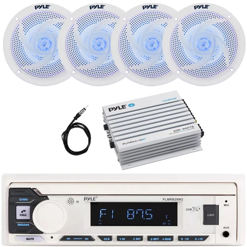 Pyle PLMRB29W2 Single DIN Marine Bluetooth USB/AUX MP3 Player AM/FM Radio In-Dash Stereo White Receiver, 4x 4" 100W Max Low Profile 2-Way Blue LED Speakers, 4 Channel Bluetooth Amplifier, Antenna