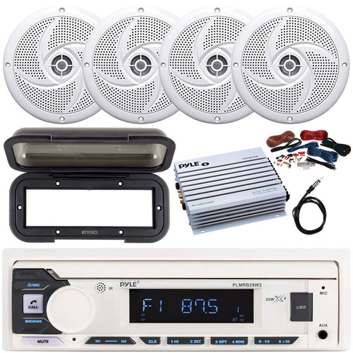 Pyle PLMRB29W2 Single DIN Marine Bluetooth USB/AUX MP3 Player AM/FM Radio In-Dash Stereo White Receiver w/Black Cover, 4x 5.25" 180W Max 2-Way Low Profile Speakers, 4 Channel Amplifier w/Kit, Antenna