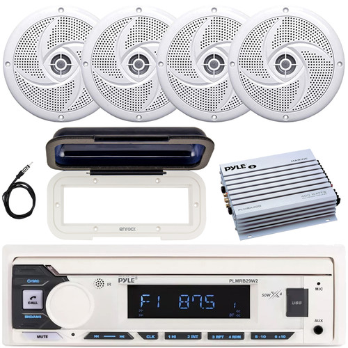 Pyle PLMRB29W2 Single DIN Marine Bluetooth USB/AUX MP3 Player AM/FM Radio In-Dash Stereo White Receiver w/White Cover, 4x 5.25" 180W Max Waterproof Low Profile Speakers, 4 Channel Amplifier, Antenna