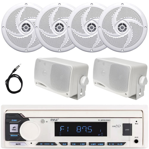 Pyle PLMRB29W2 Single DIN Marine Bluetooth USB/AUX MP3 Player AM/FM Radio In-Dash Stereo White Receiver, 4x 5.25" 180W Max Slim Style White Speakers, 2x 3.5'' 200W Max 3-Way Mini Box Speakers, Antenna