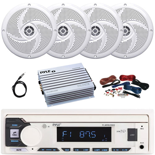 Pyle PLMRB29W2 Single DIN Marine Bluetooth USB/AUX MP3 Player AM/FM Radio In-Dash Stereo White Receiver, 4x 5.25" 180 Watt Max 2-Way Waterproof Low Profile Speakers, 4 Channel Amplifier w/Kit, Antenna